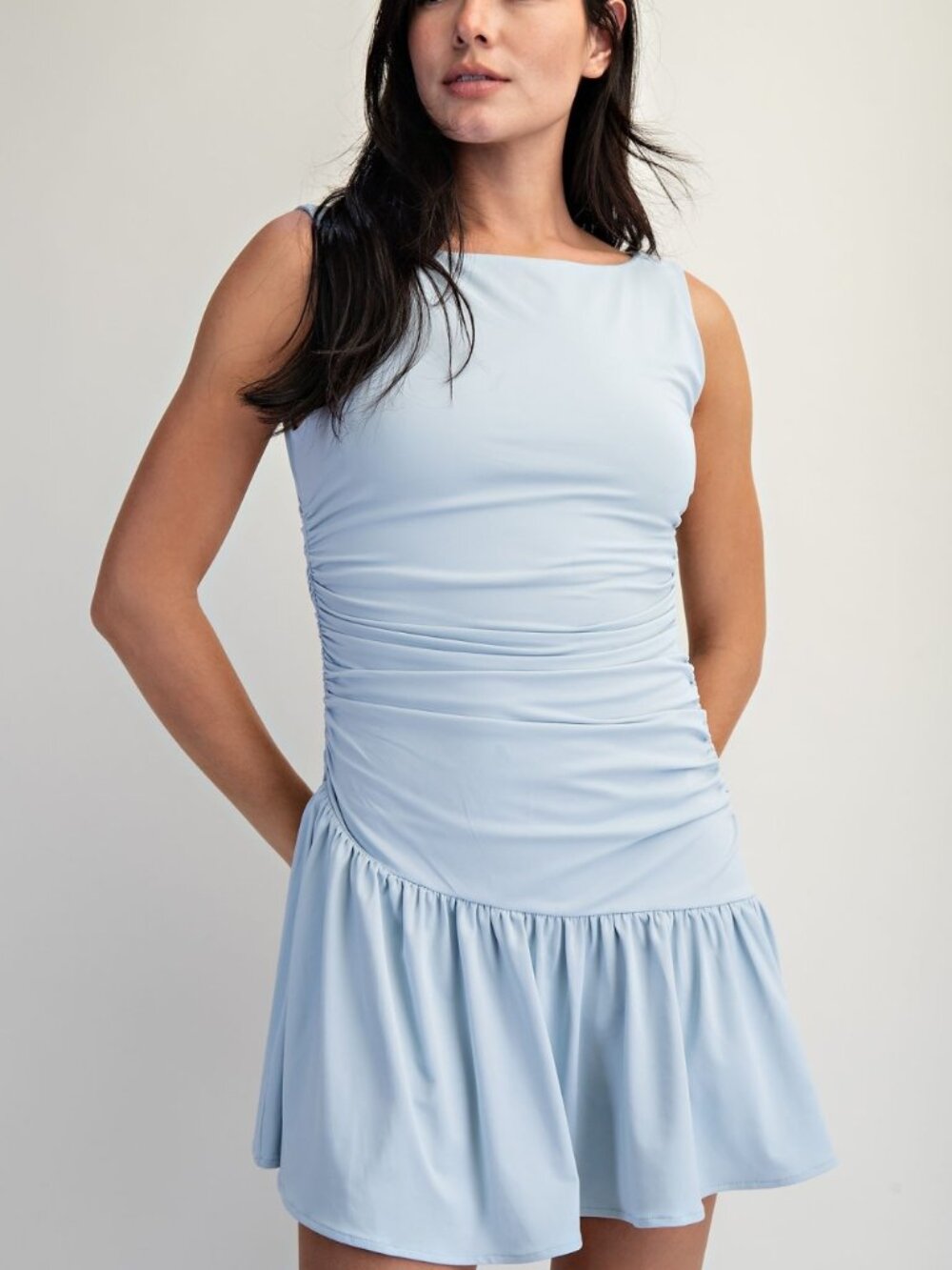 NWT Baby Blue Bodycon Ruched Mini Dress Ruffle Waist High Neck Boat Neck Summer